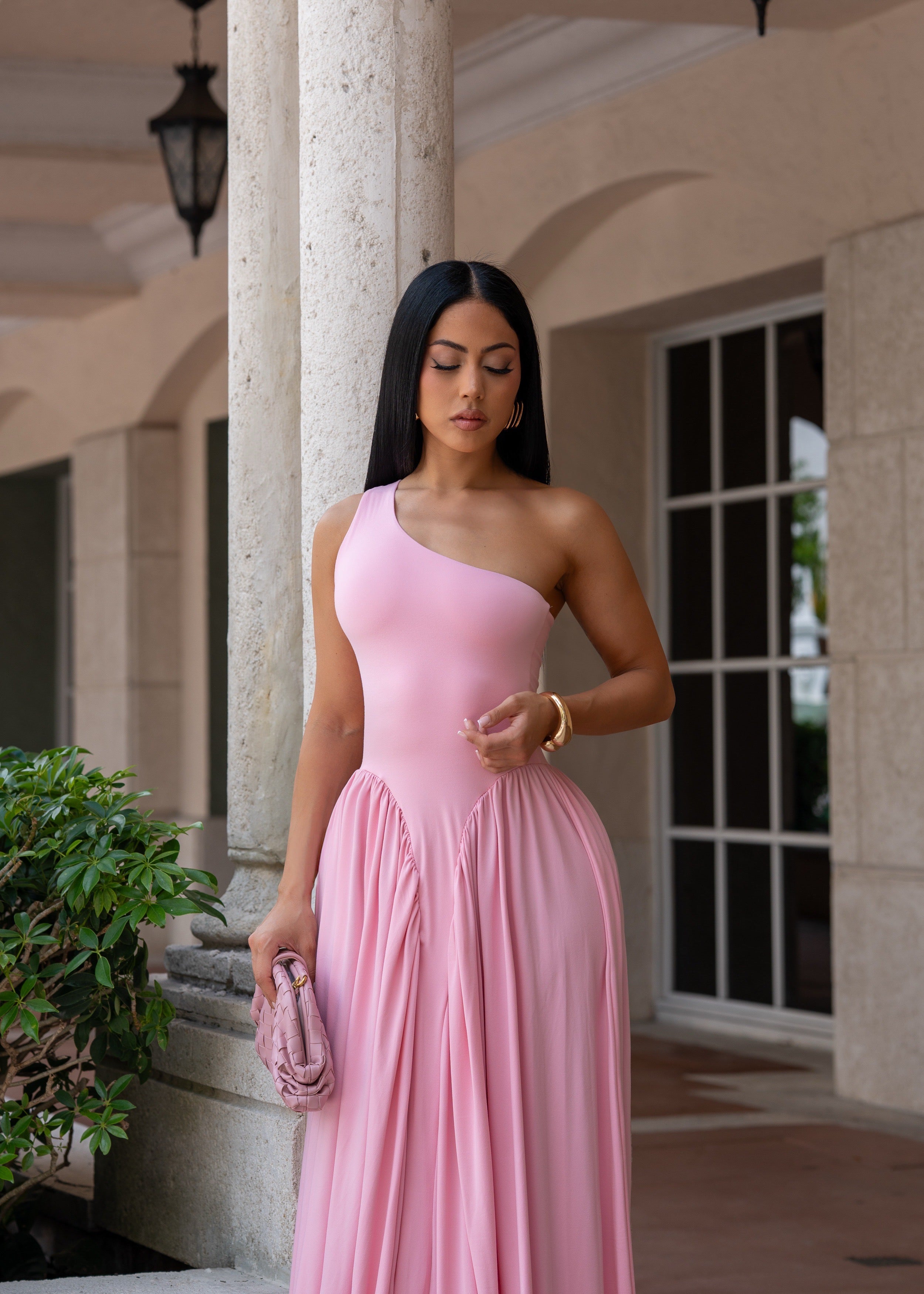 Temple of Desire Ruched Maxi Dress Pink
