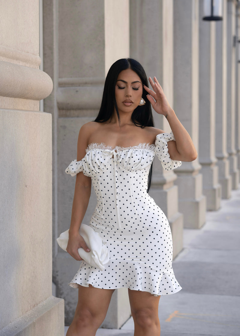 Sweet Parisian Polka Dot Ruched Mini Dress White