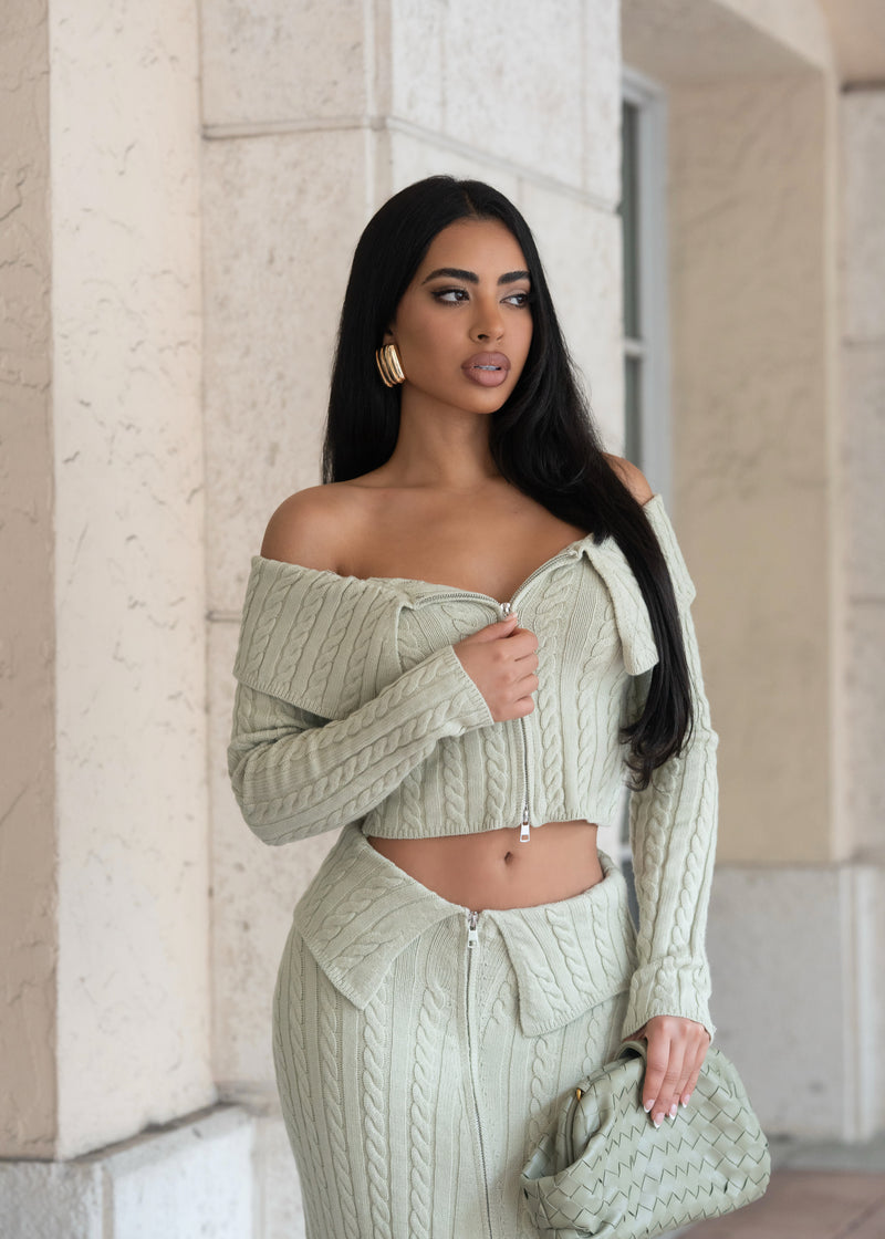 Modern Heiress Knit Skirt Set Green