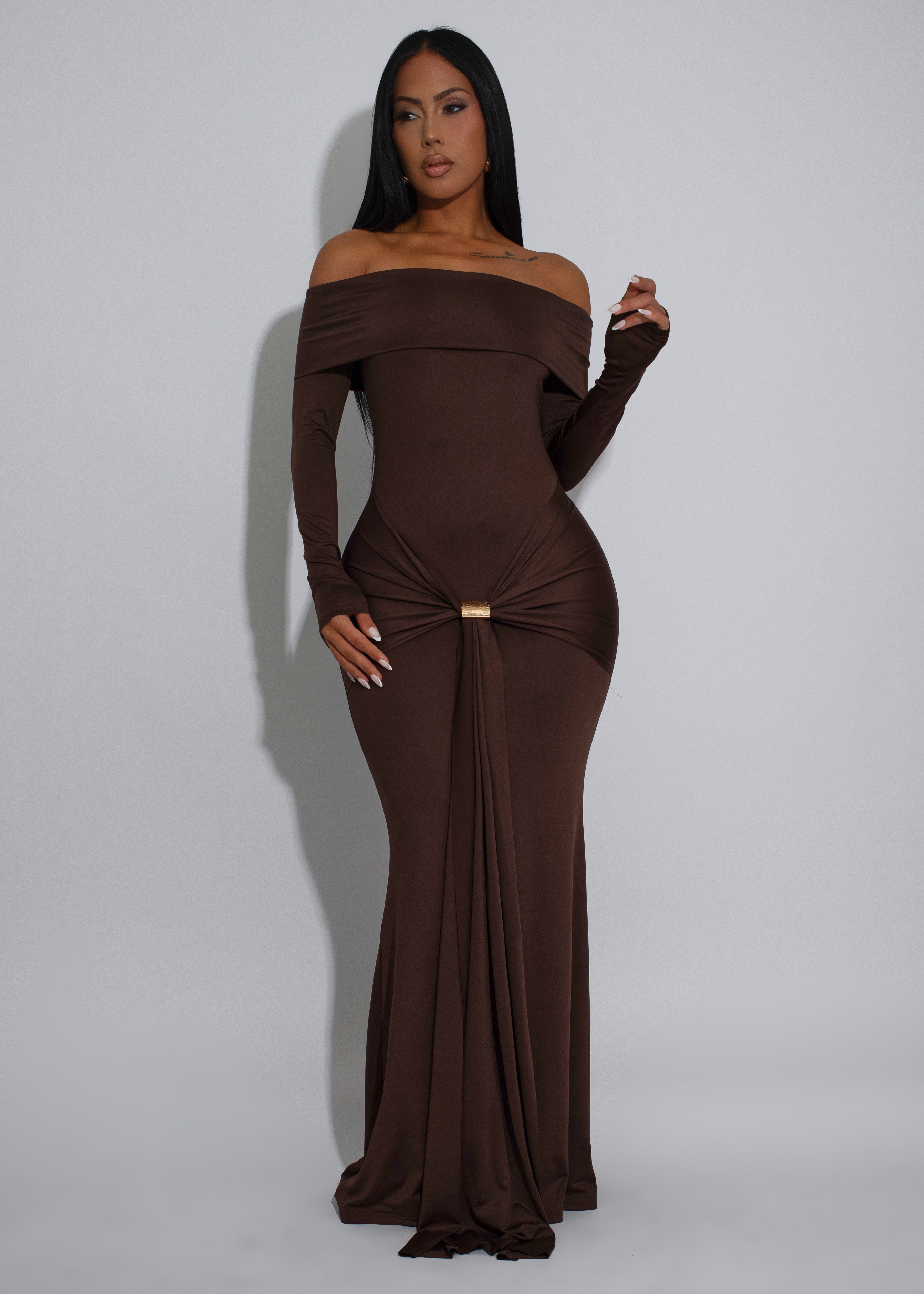Lustrous Dream Ruched Maxi Dress Brown