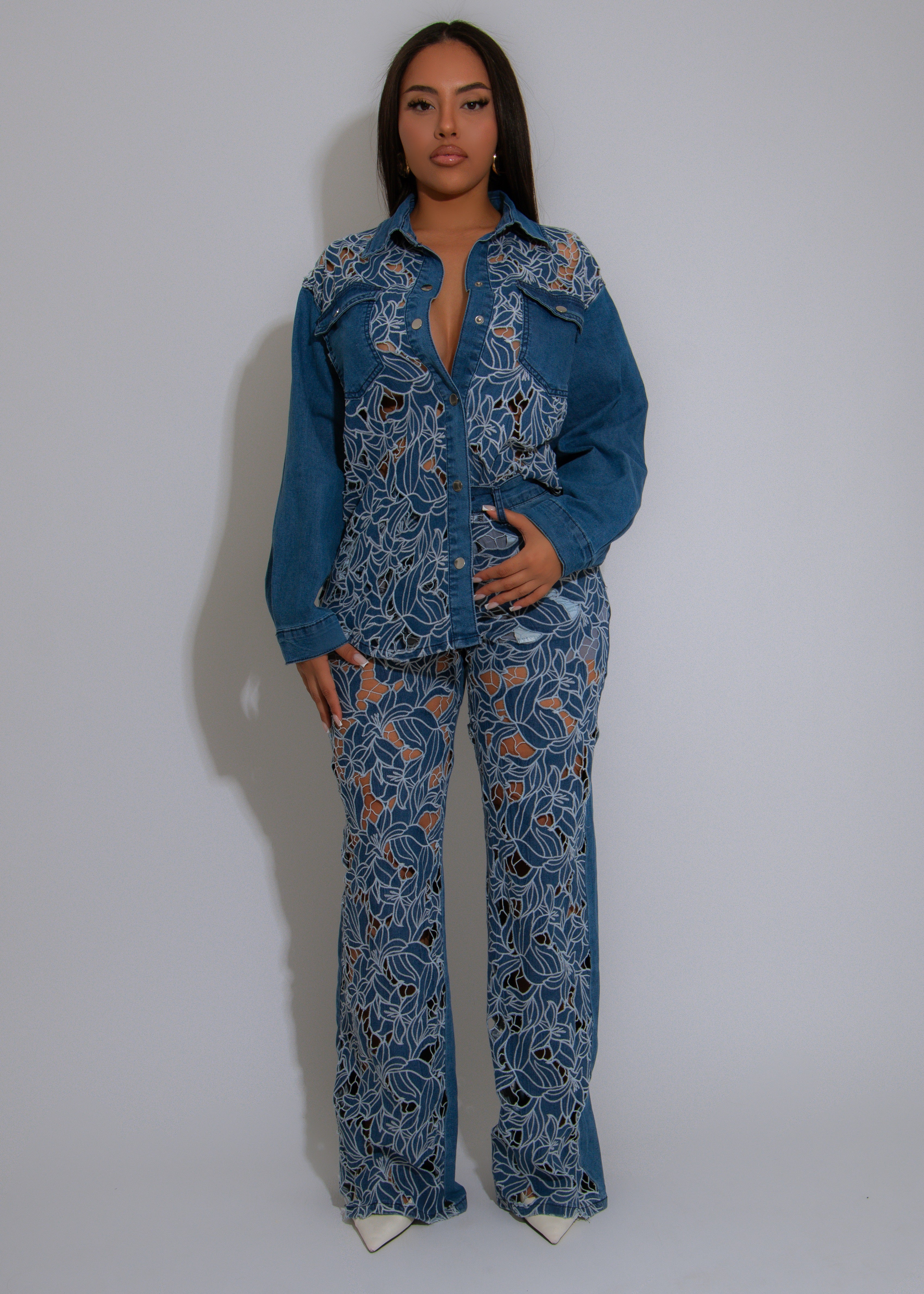 Wild Bloom Lace Floral Pant Set Denim