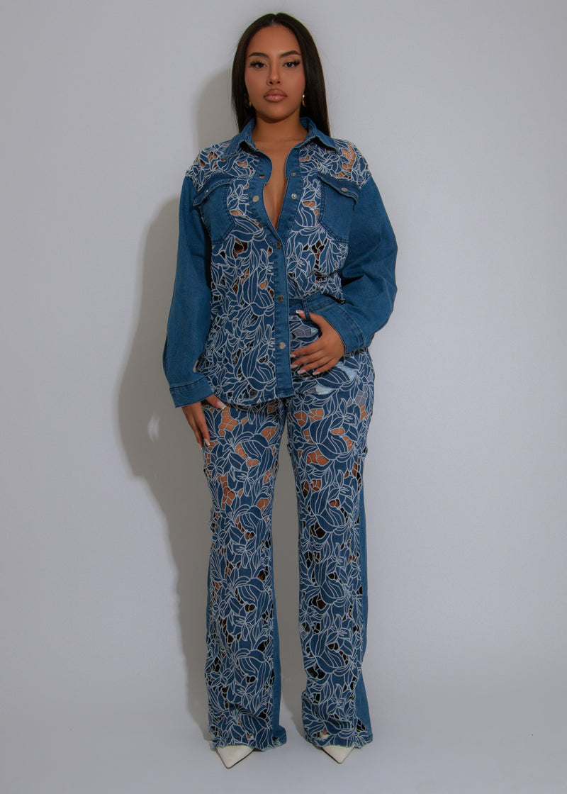 Wild Bloom Lace Floral Pant Set Denim