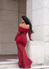 Morphe Essence Lace Ruched Maxi Dress Red