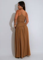 Solara Drape Linen Ruched Maxi Dress Brown