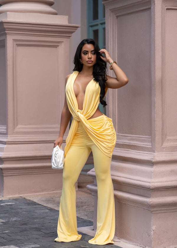 Come Alive In The Night Ruched Jumpsuit Yellow