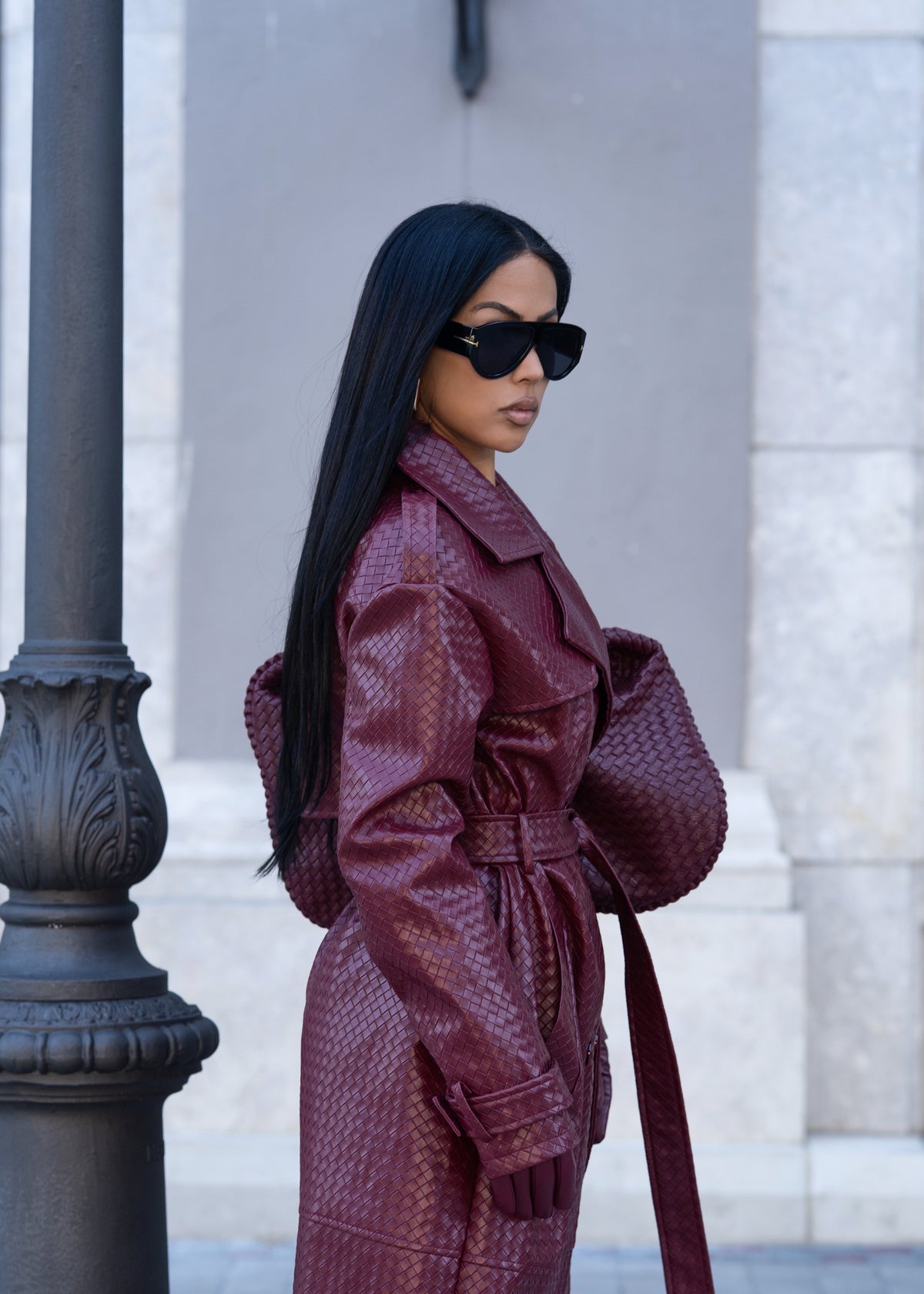 High Rise Woven Leather Coat Red