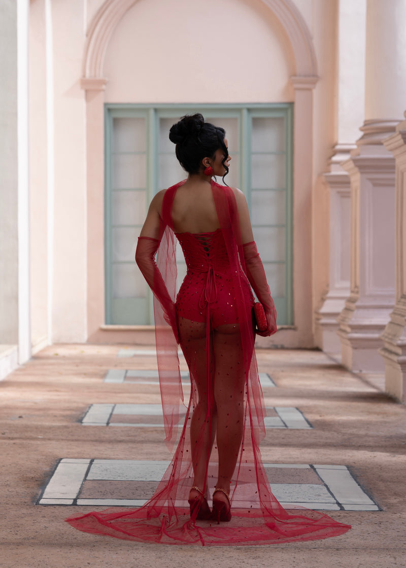 Crystal Veil Rhinestones Maxi Dress Red