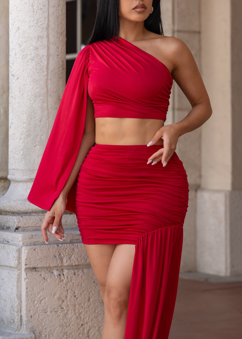 Lush Interval Ruched Skirt Set Red