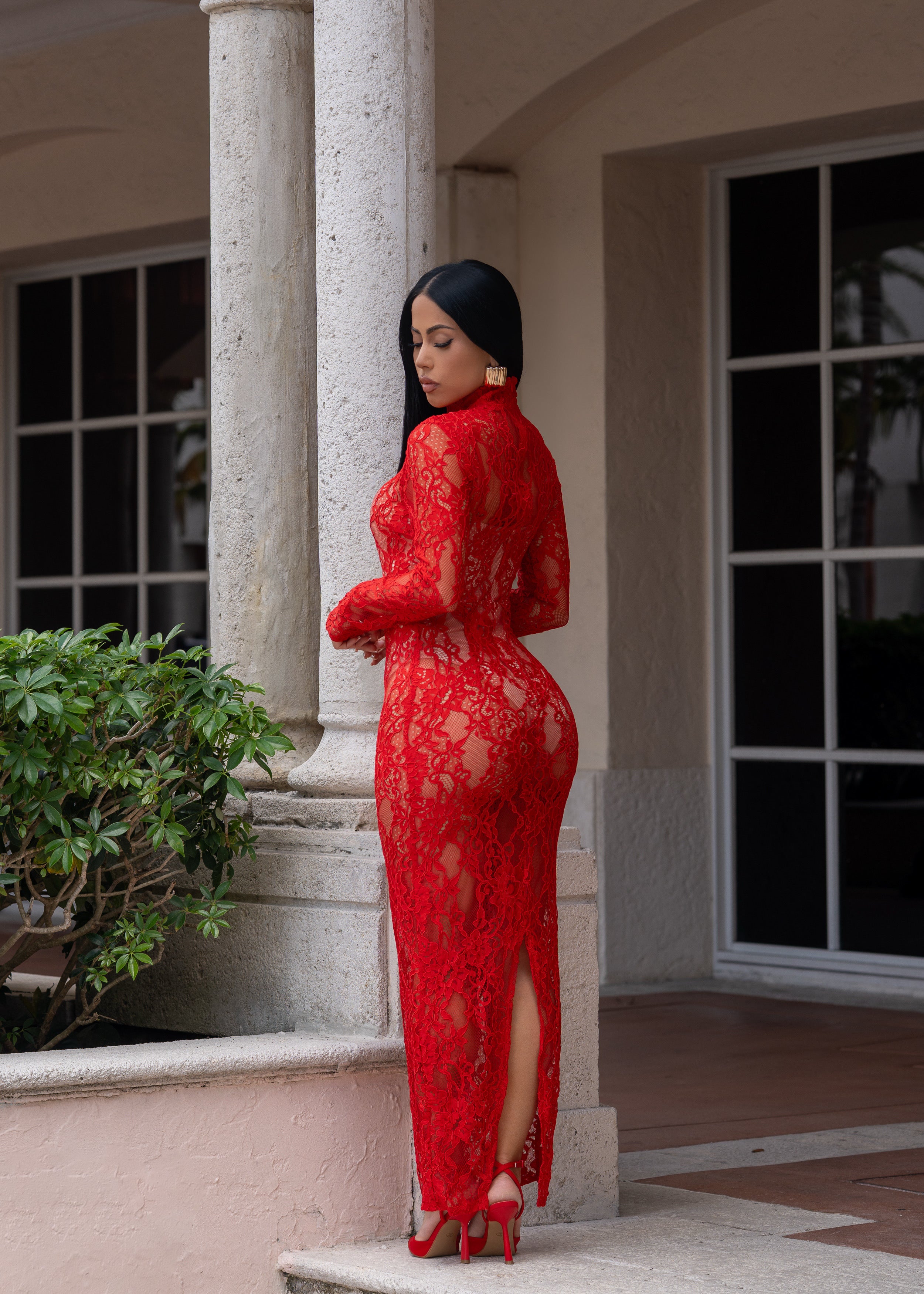Forbidden Fantasy Floral Lace Maxi Dress Red