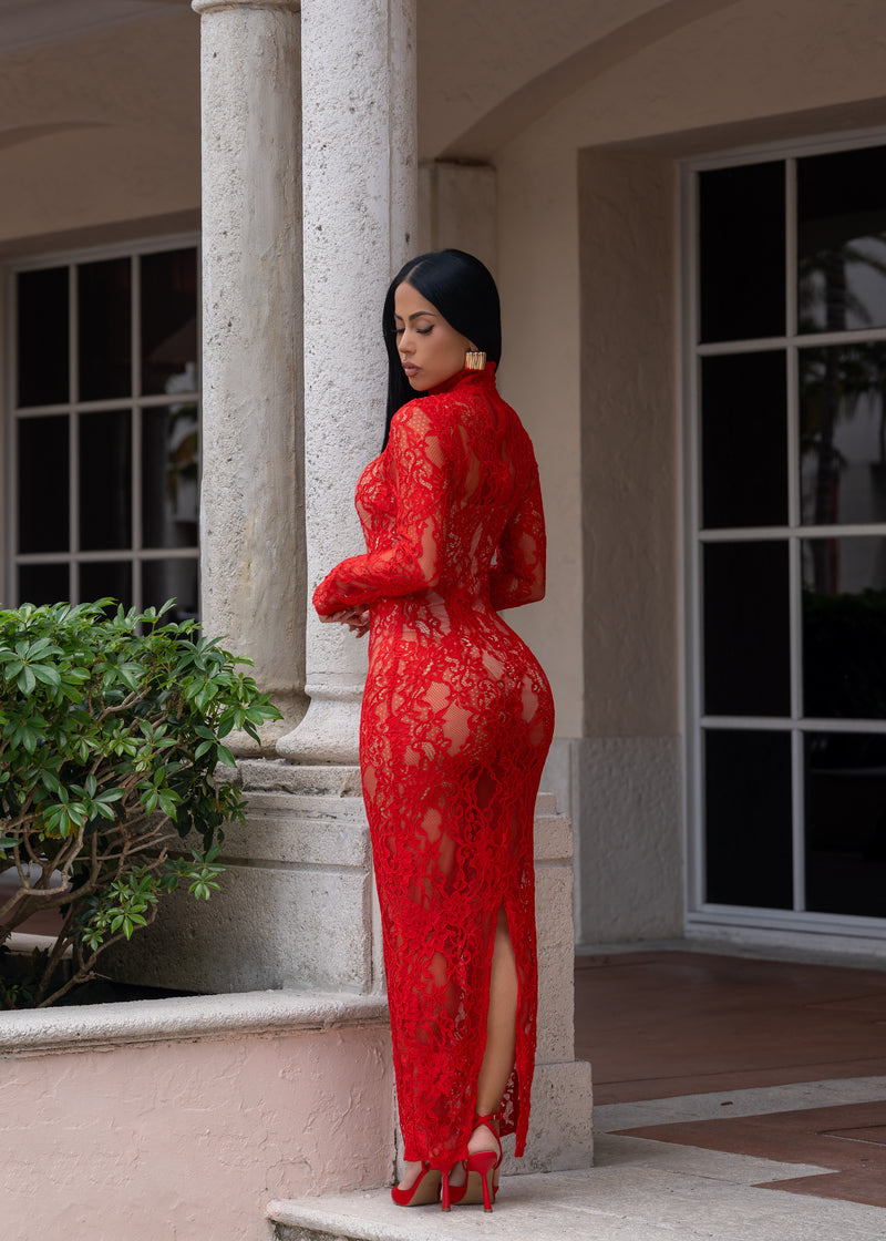 Forbidden Fantasy Floral Lace Maxi Dress Red