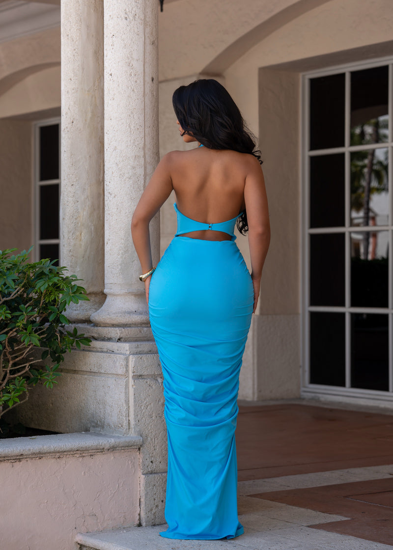 Pure Dominion Ruched Maxi Dress Blue