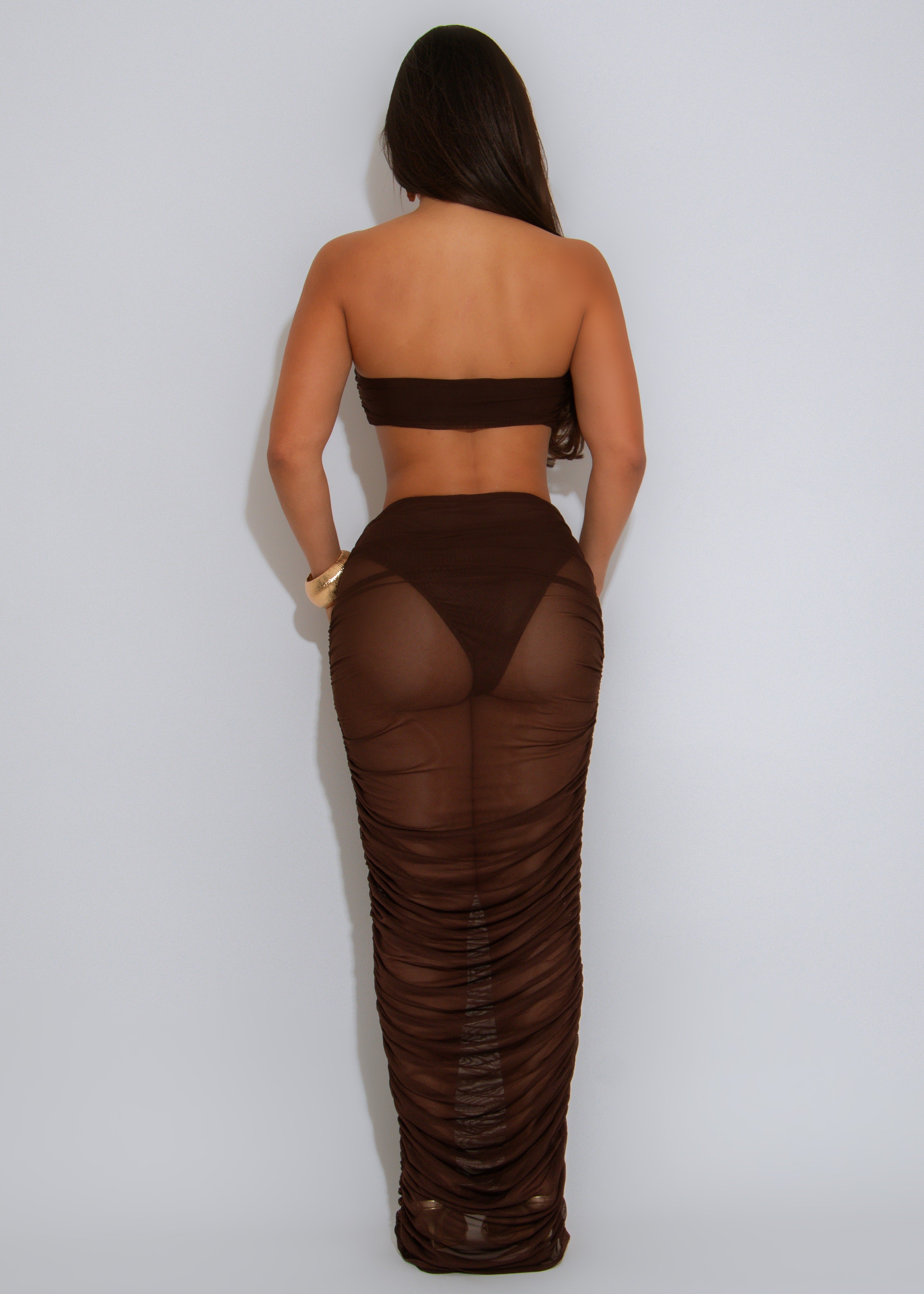 Siren Wave Mesh Ruched Skirt Set Brown
