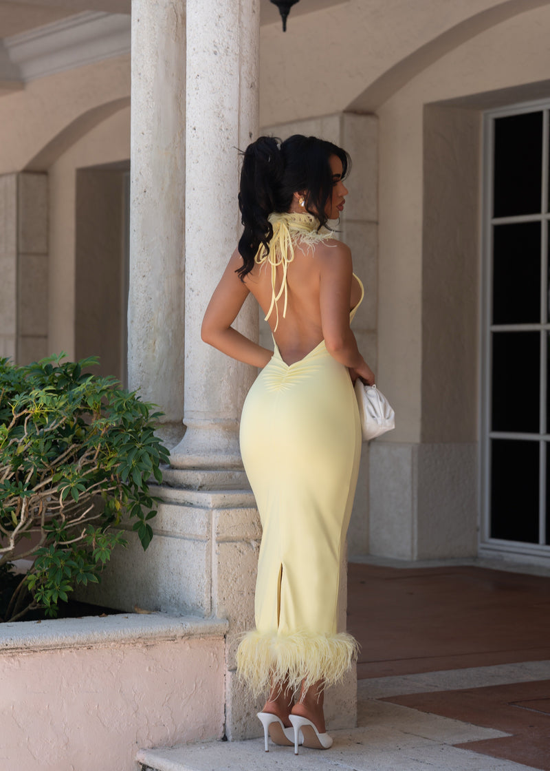 Private Desire Feather Trim Midi Dress Yellow
