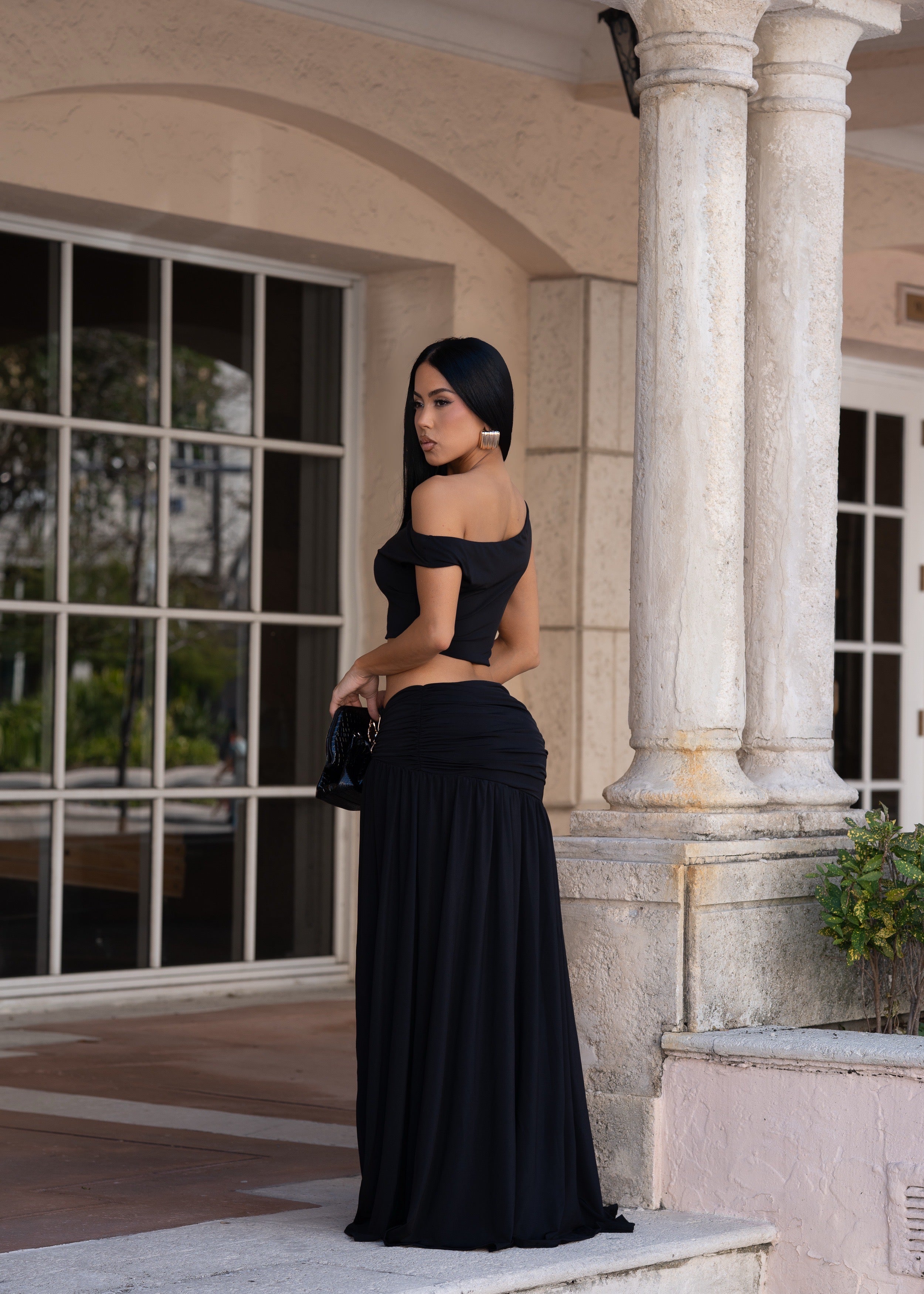 Opulence Bloom Ruched Skirt Set Black