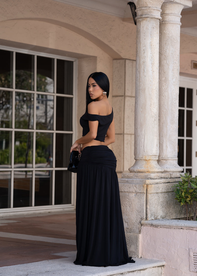 Opulence Bloom Ruched Skirt Set Black