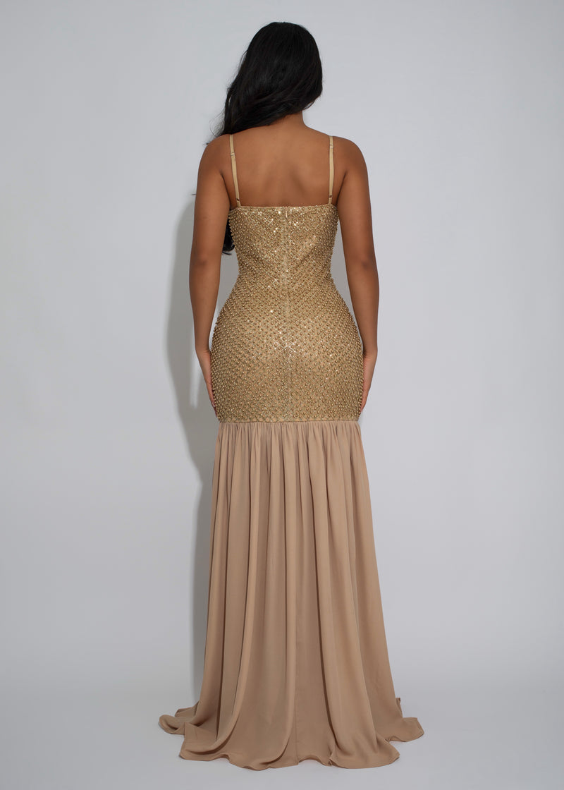 Petal Sequence Glitter Maxi Dress Gold