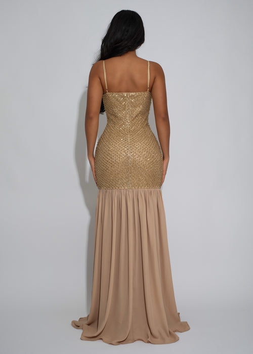 Petal Sequence Glitter Maxi Dress Gold
