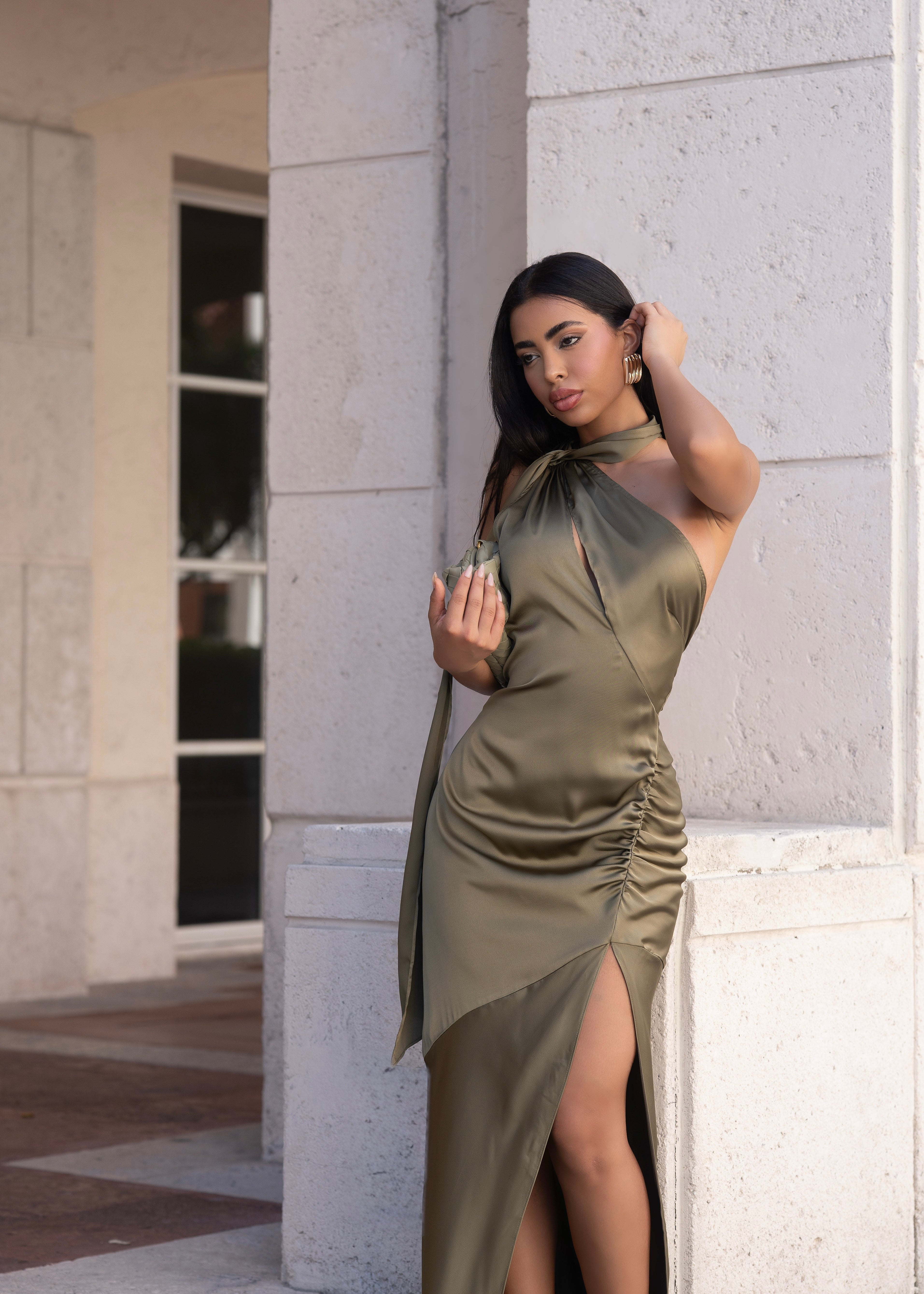 Oblique Grace Ruched Satin Maxi Dress Green