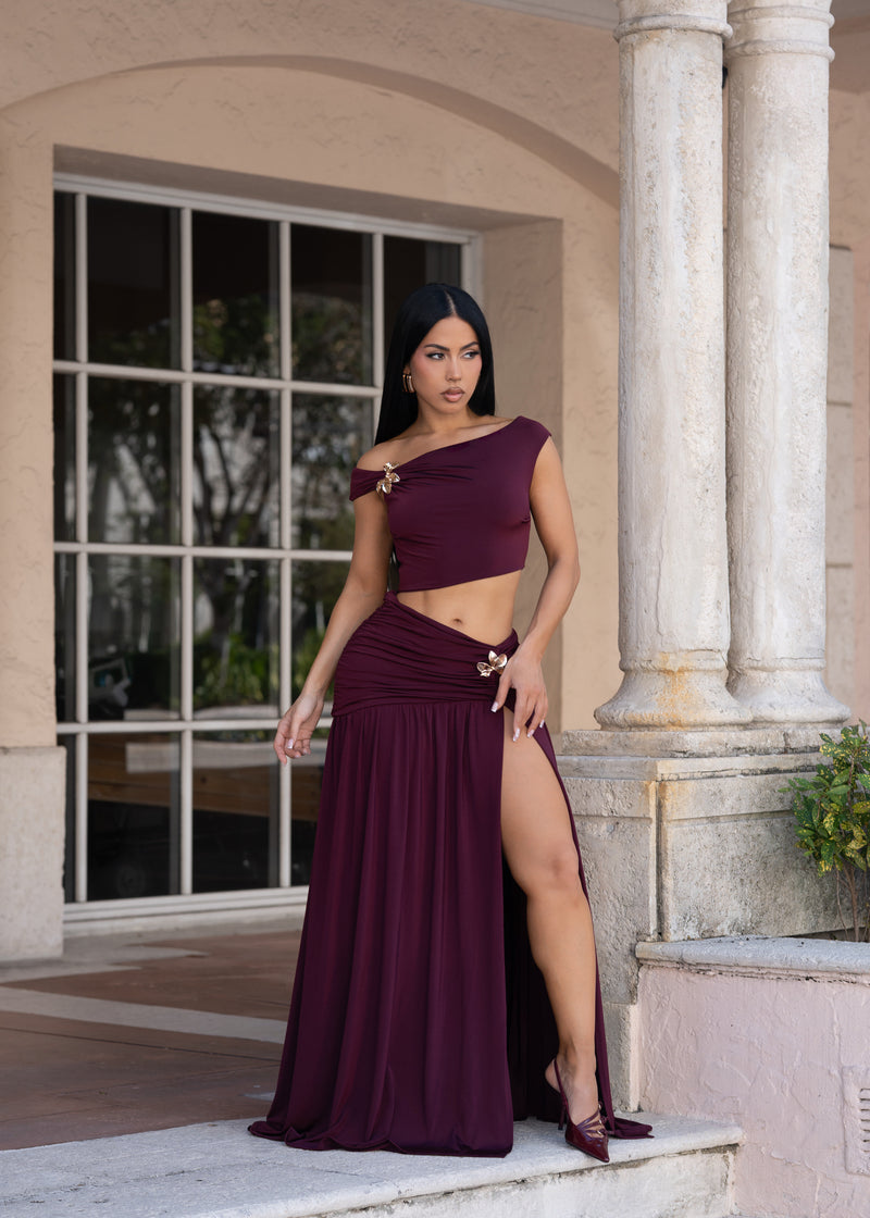 Opulence Bloom Ruched Skirt Set Red