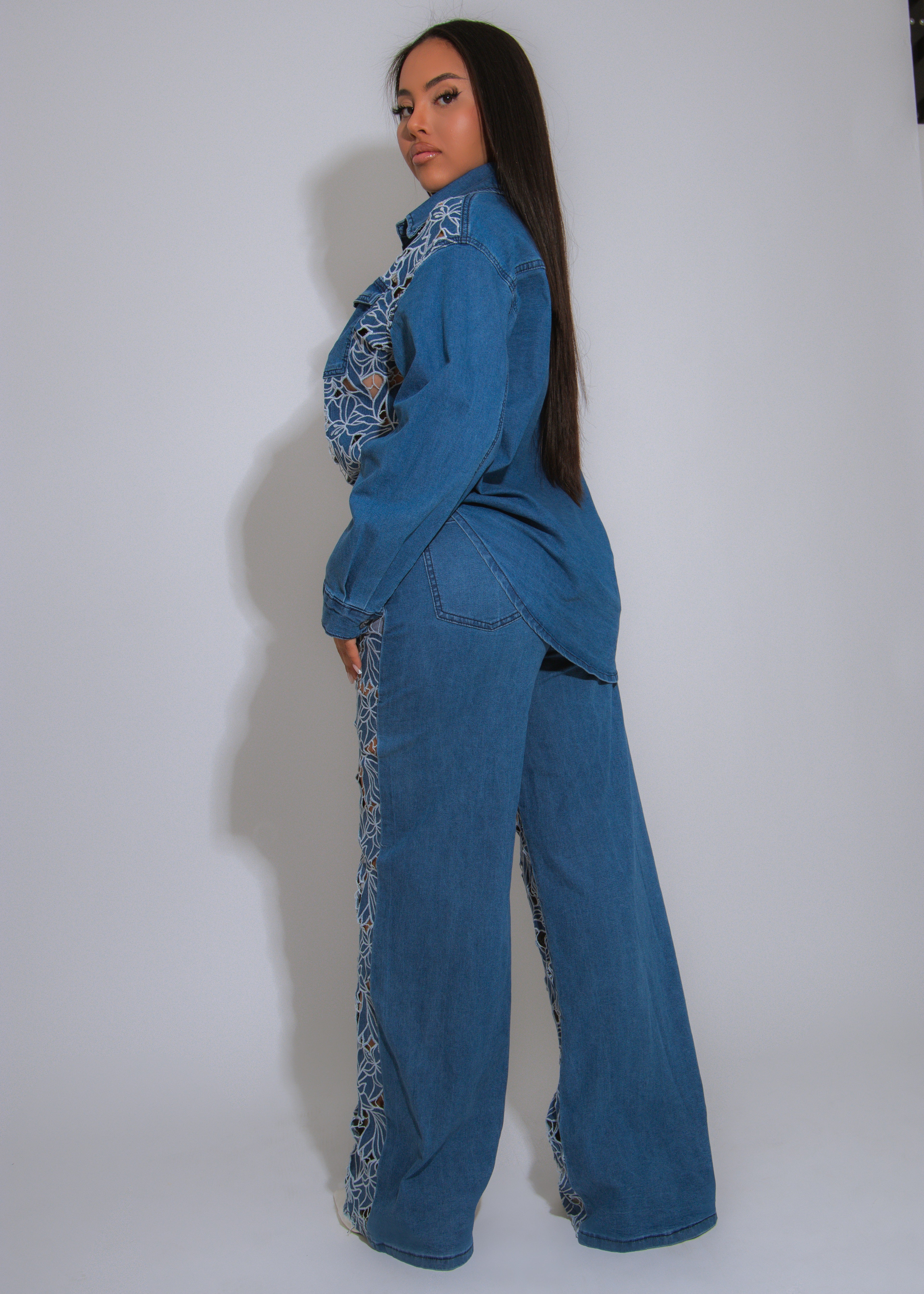Wild Bloom Lace Floral Pant Set Denim
