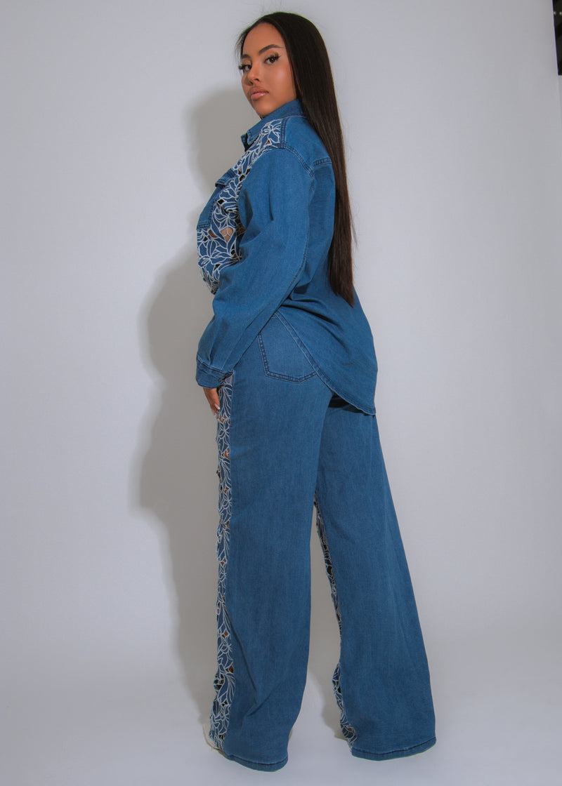 Wild Bloom Lace Floral Pant Set Denim