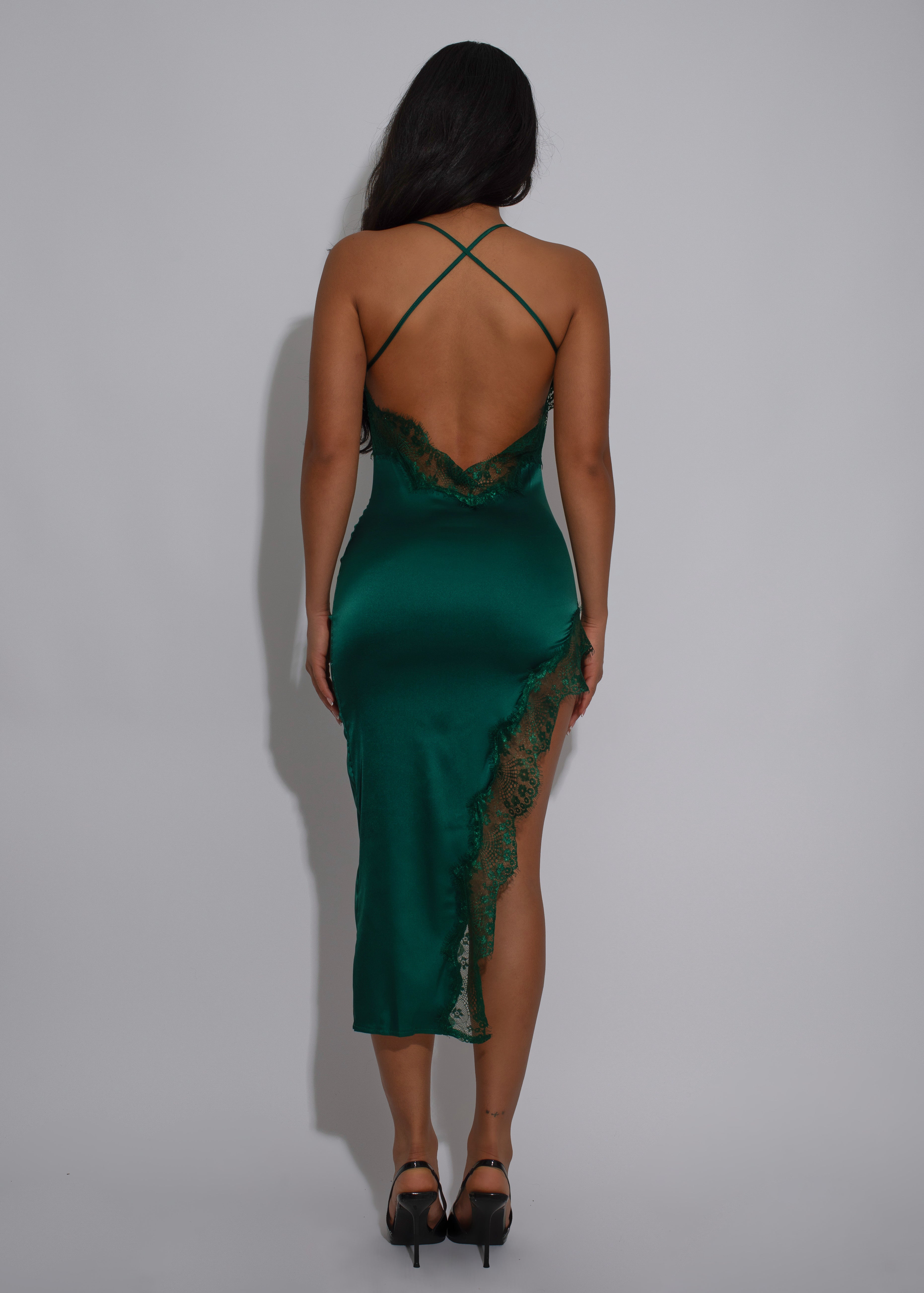 Shadow Rhapsody Satin Lace Midi Dress Green