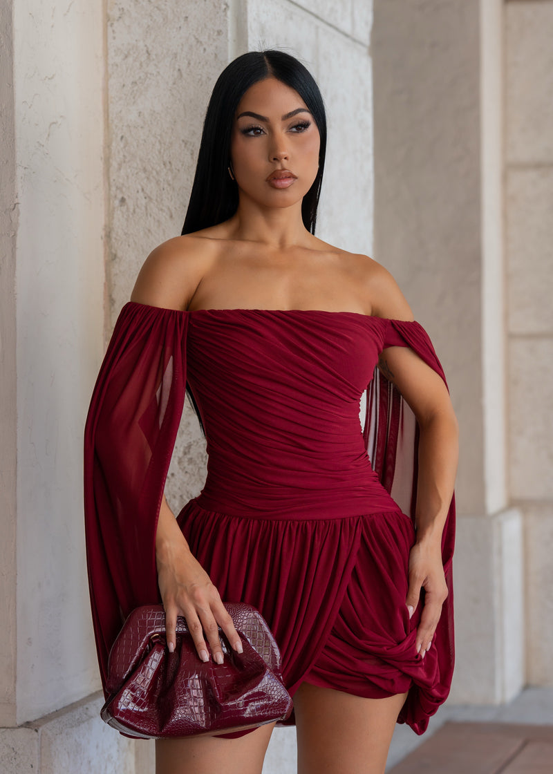 All Eyes On Her Draped Mesh Ruched Mini Dress Red