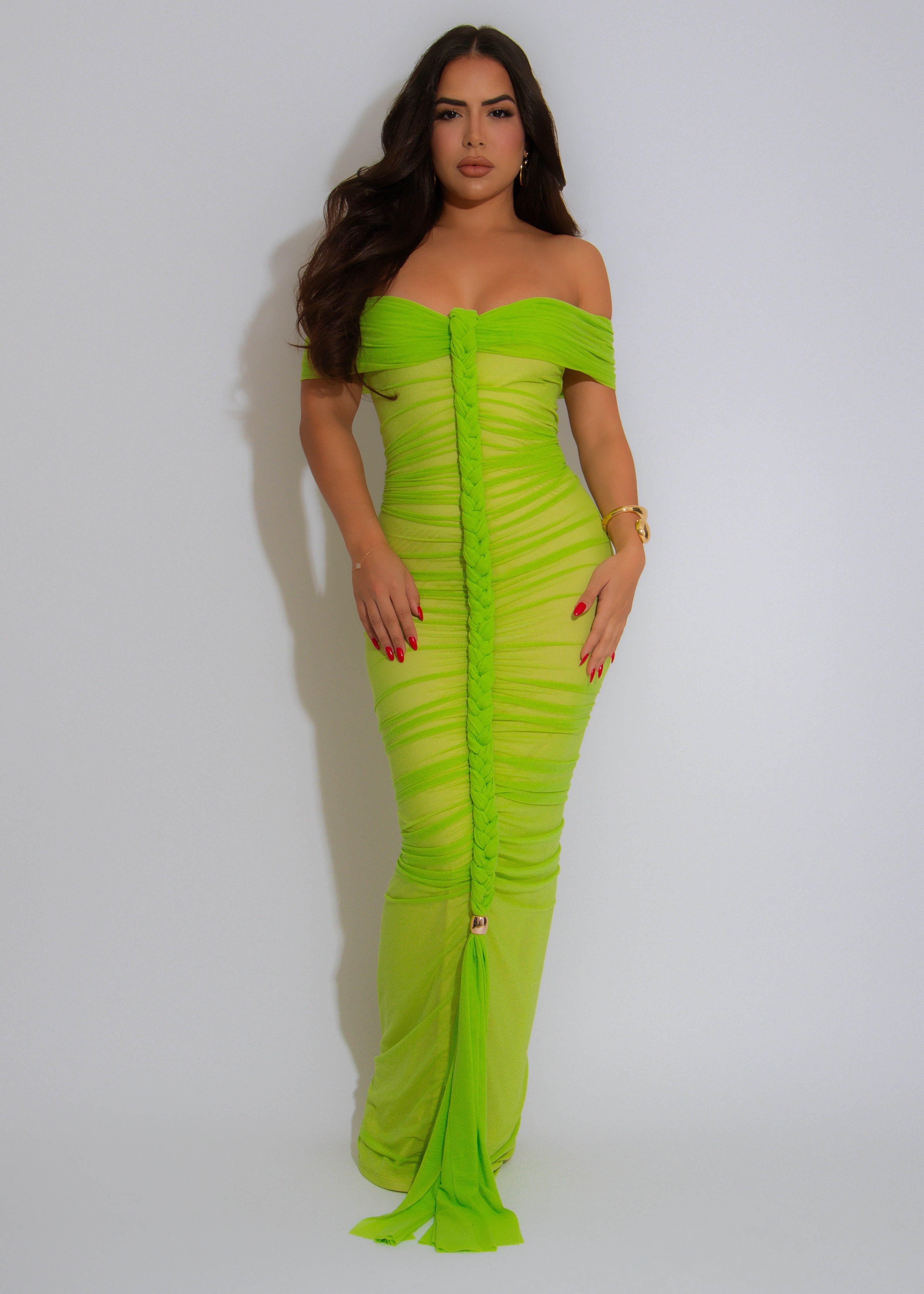Luxe Goddess Ruched Mesh Maxi Dress Green
