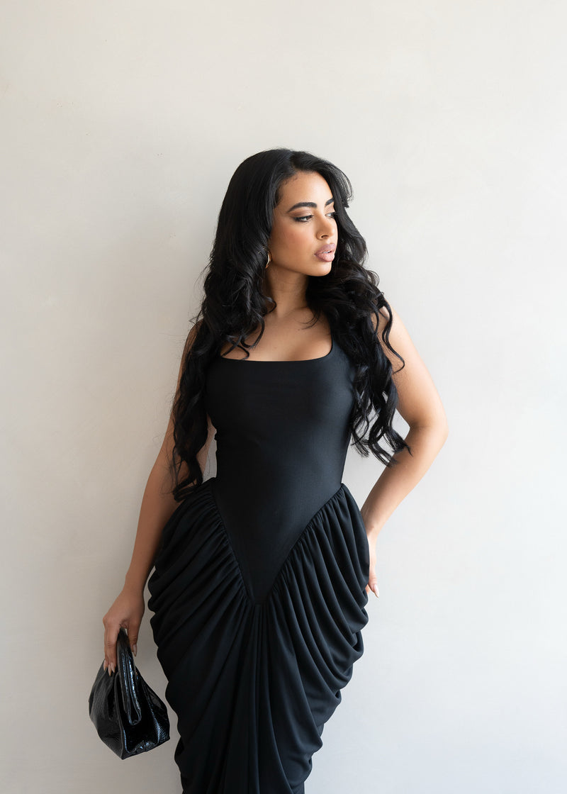 Code of Obsession Ruched Mesh Maxi Dress Black