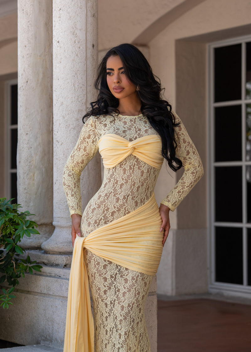 Fabulosity Floral Lace Maxi Dress Yellow