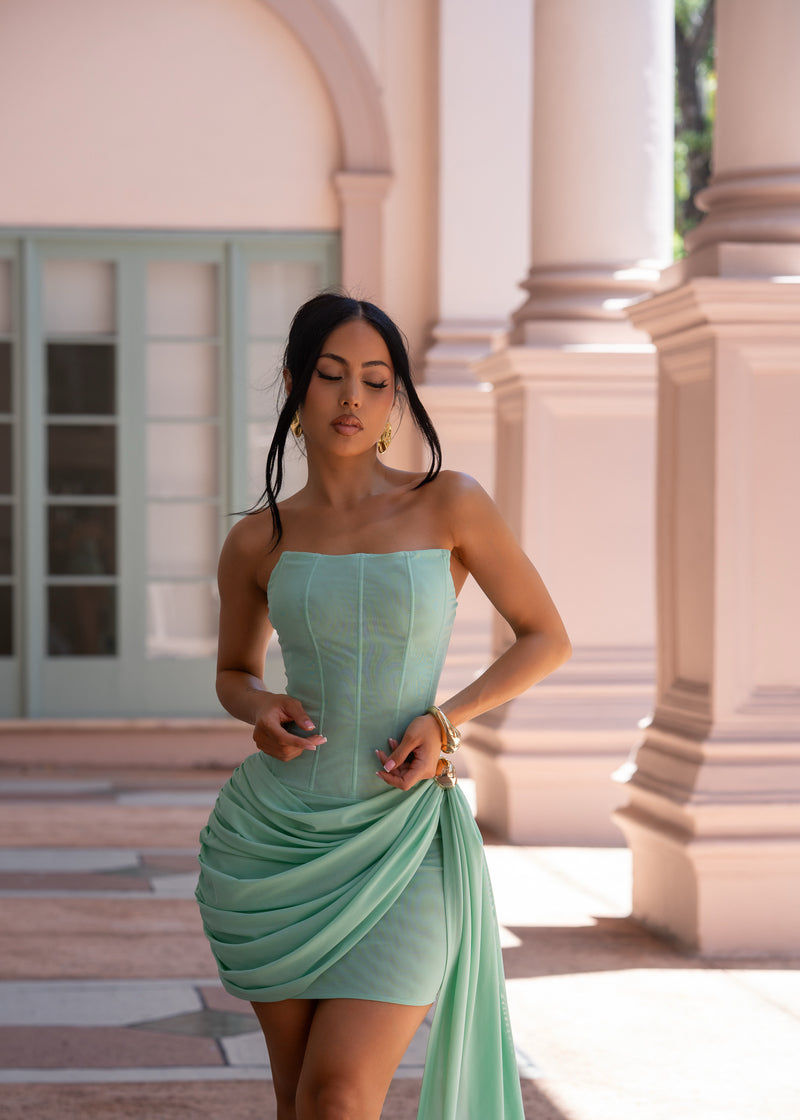 Divine Desire Ruched Mesh Mini Dress Green