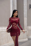Draped Temptation Ruched Lace Mini Dress Red