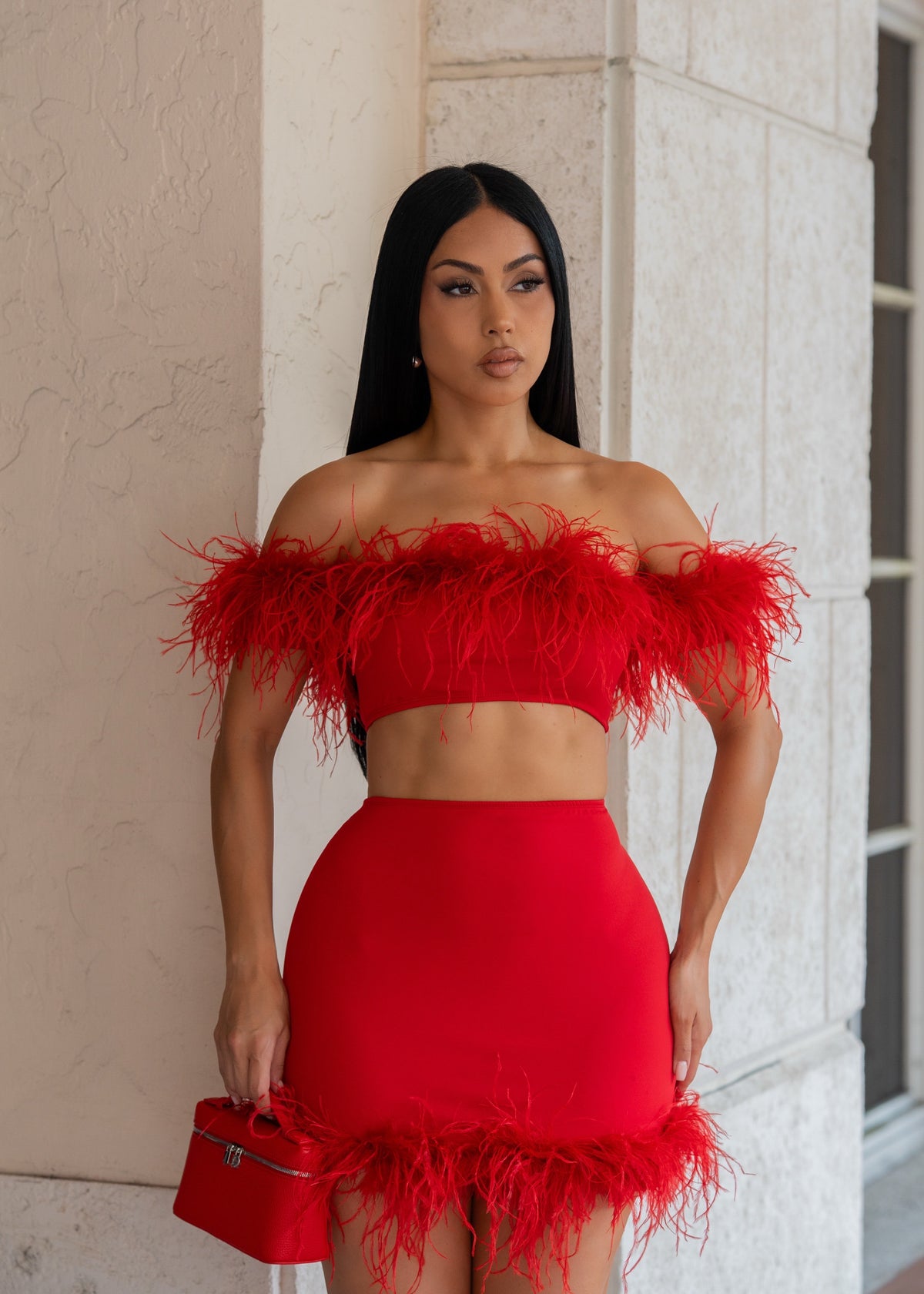 After Hours Feather Skirt Set Red