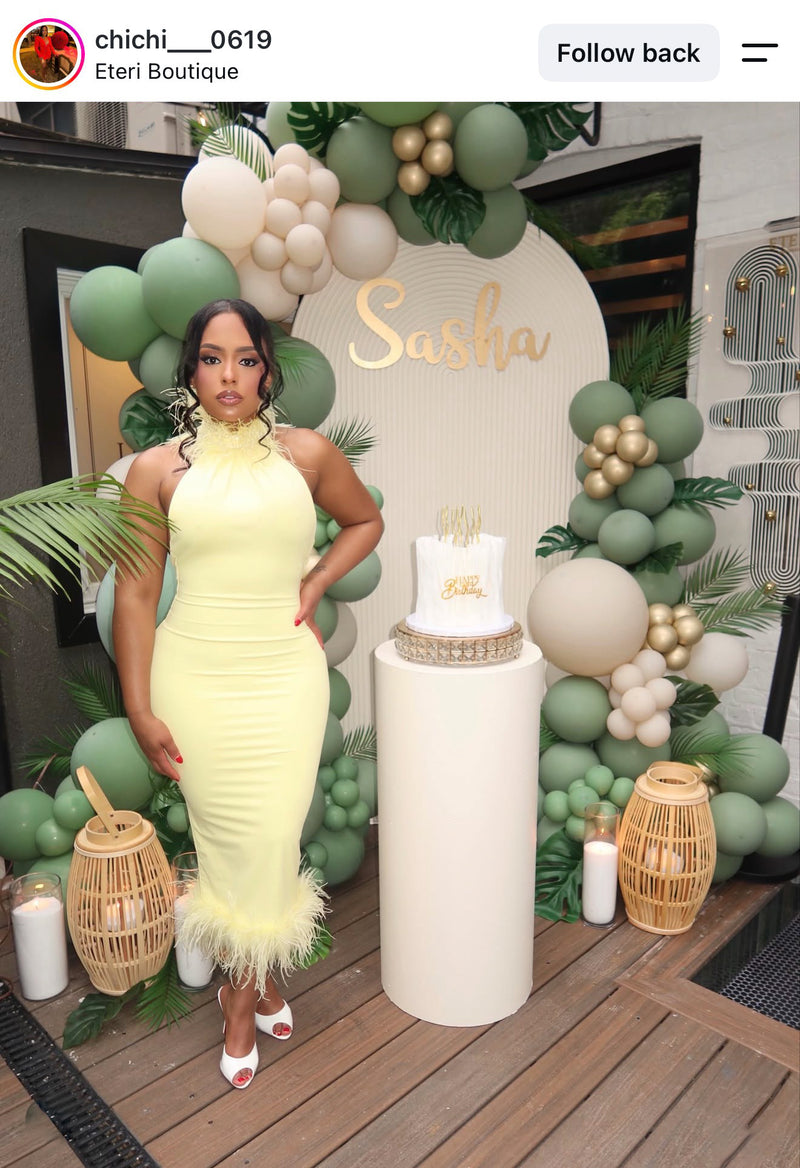 Private Desire Feather Trim Midi Dress Yellow