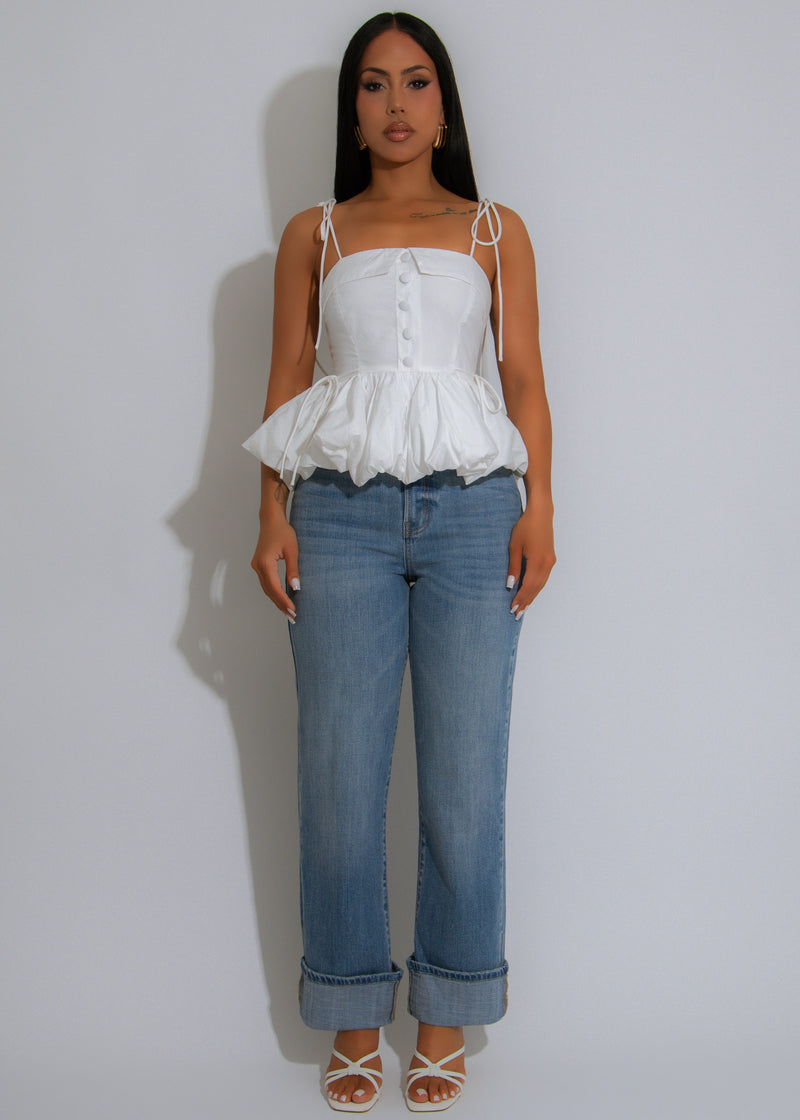 Ruffle Bloom Ruched Long Top White