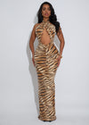 Serengeti Glam Tiger Ruched Sequin Maxi Dress Nude