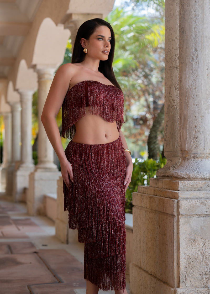 Cool Breeze Fringe Skirt Set Red
