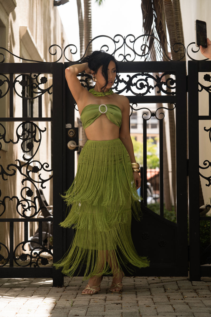 Tropic Dusk Satin Rhinestones Skirt Set Green