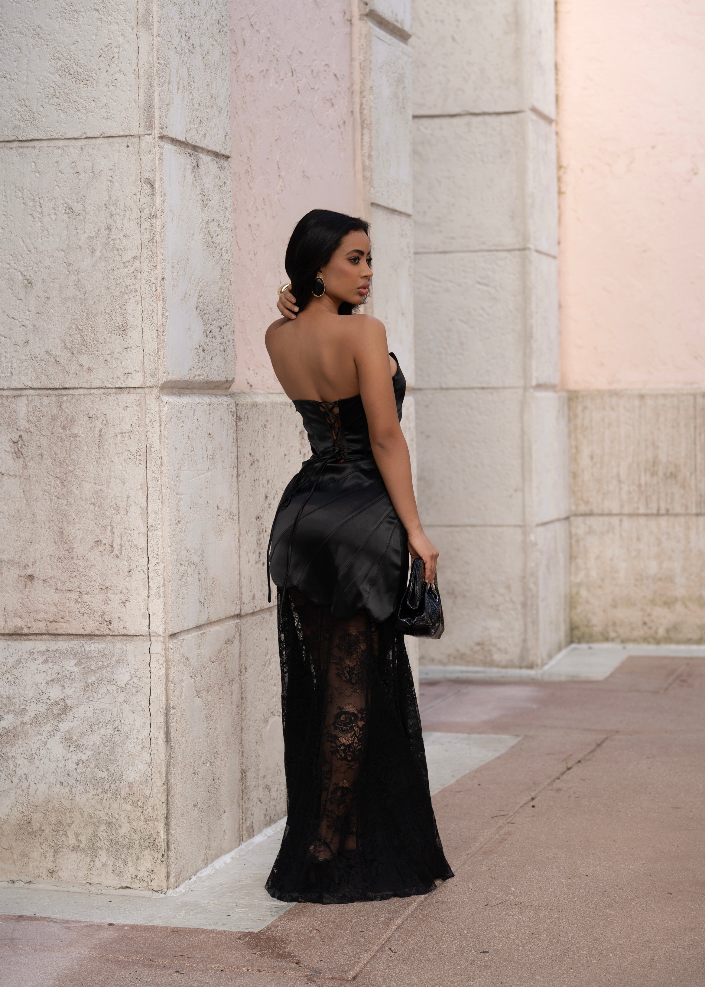 Couture Oath Satin Lace Maxi Dress Black