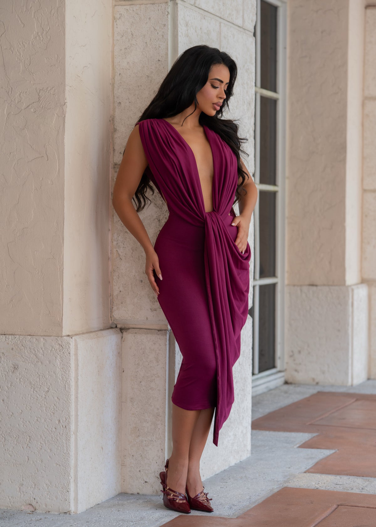 Undone Desire Ruched Midi Dress Burgundy