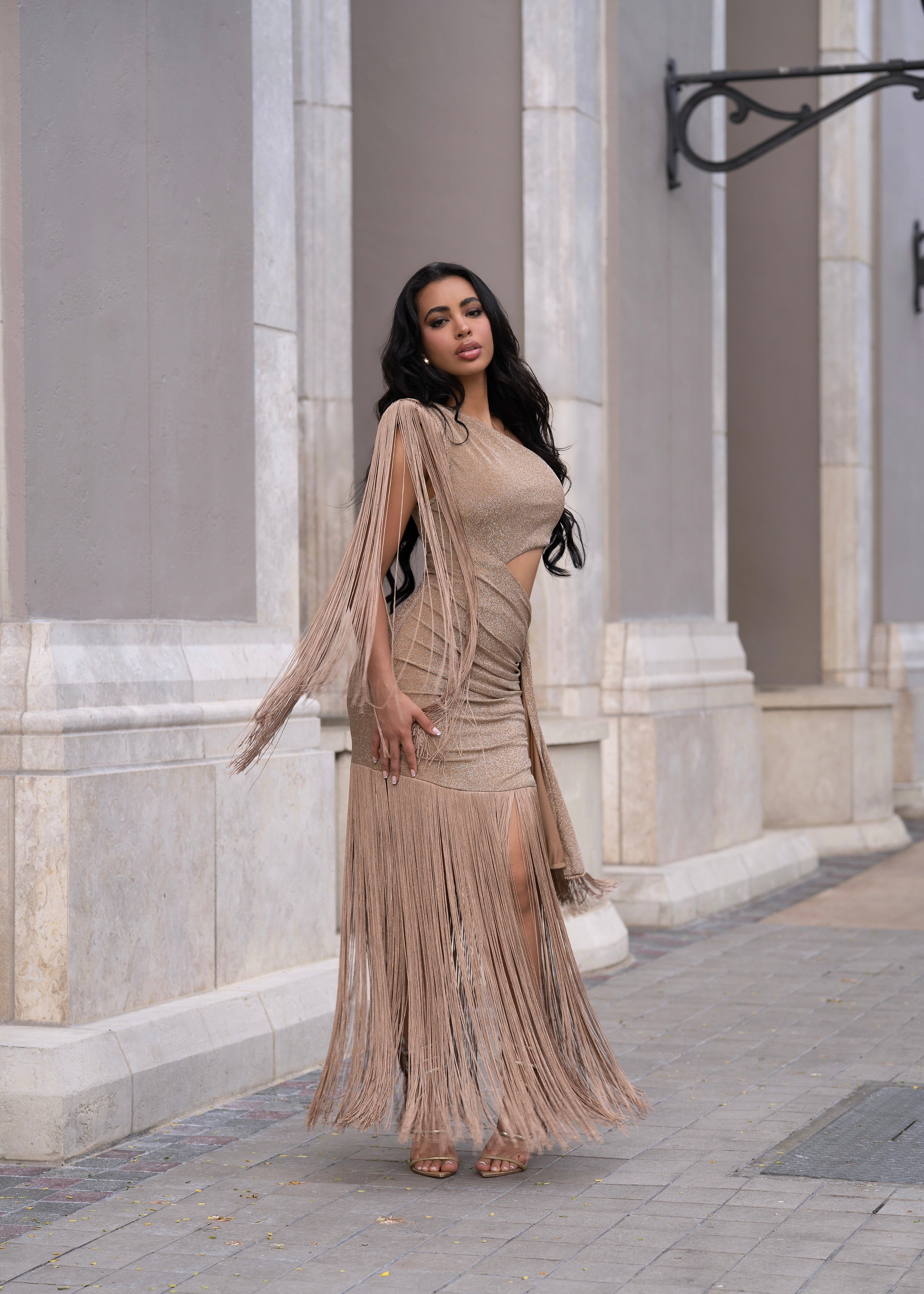 Can't Look Back Fringes Maxi Dress Gold