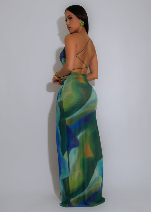 Painted Breeze Mesh Ruched Maxi Dress Green
