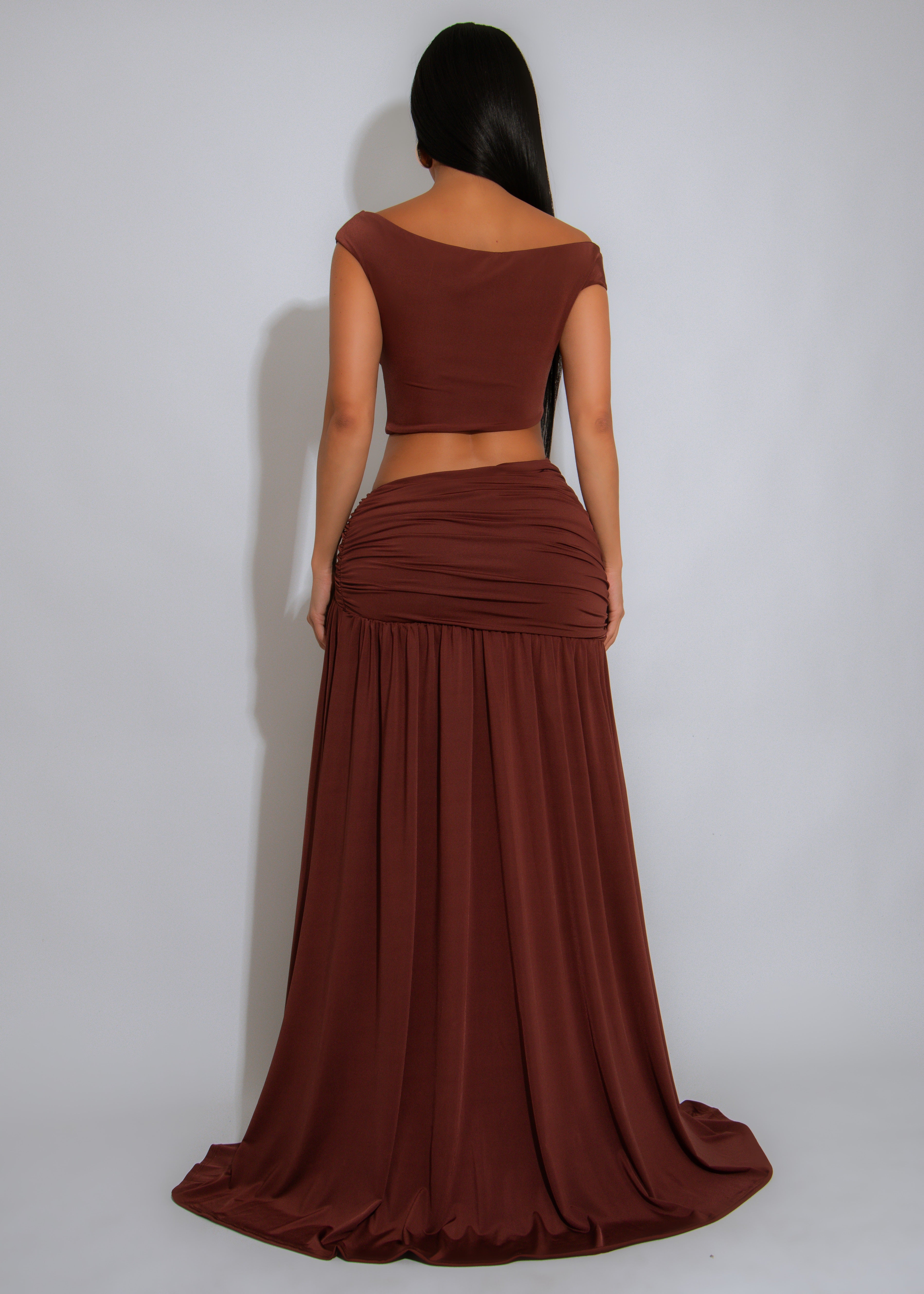Opulence Bloom Ruched Skirt Set Brown
