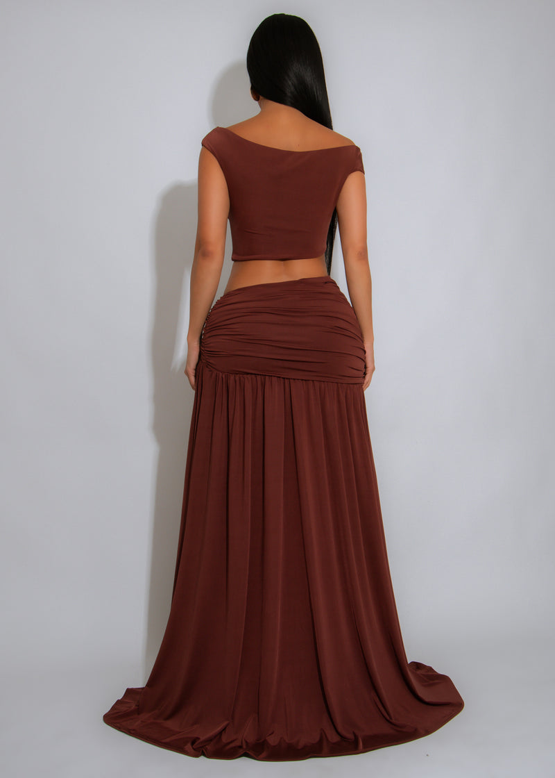 Opulence Bloom Ruched Skirt Set Brown