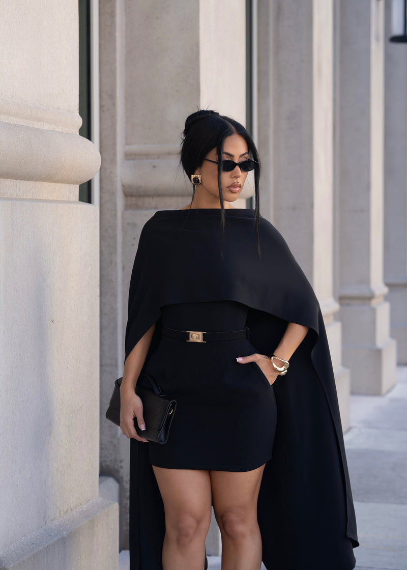 Structured Veil Cape Mini Dress Black