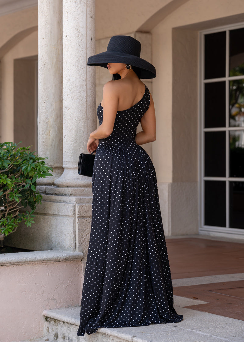 Temple of Desire Ruched Polkas Maxi Dress Black