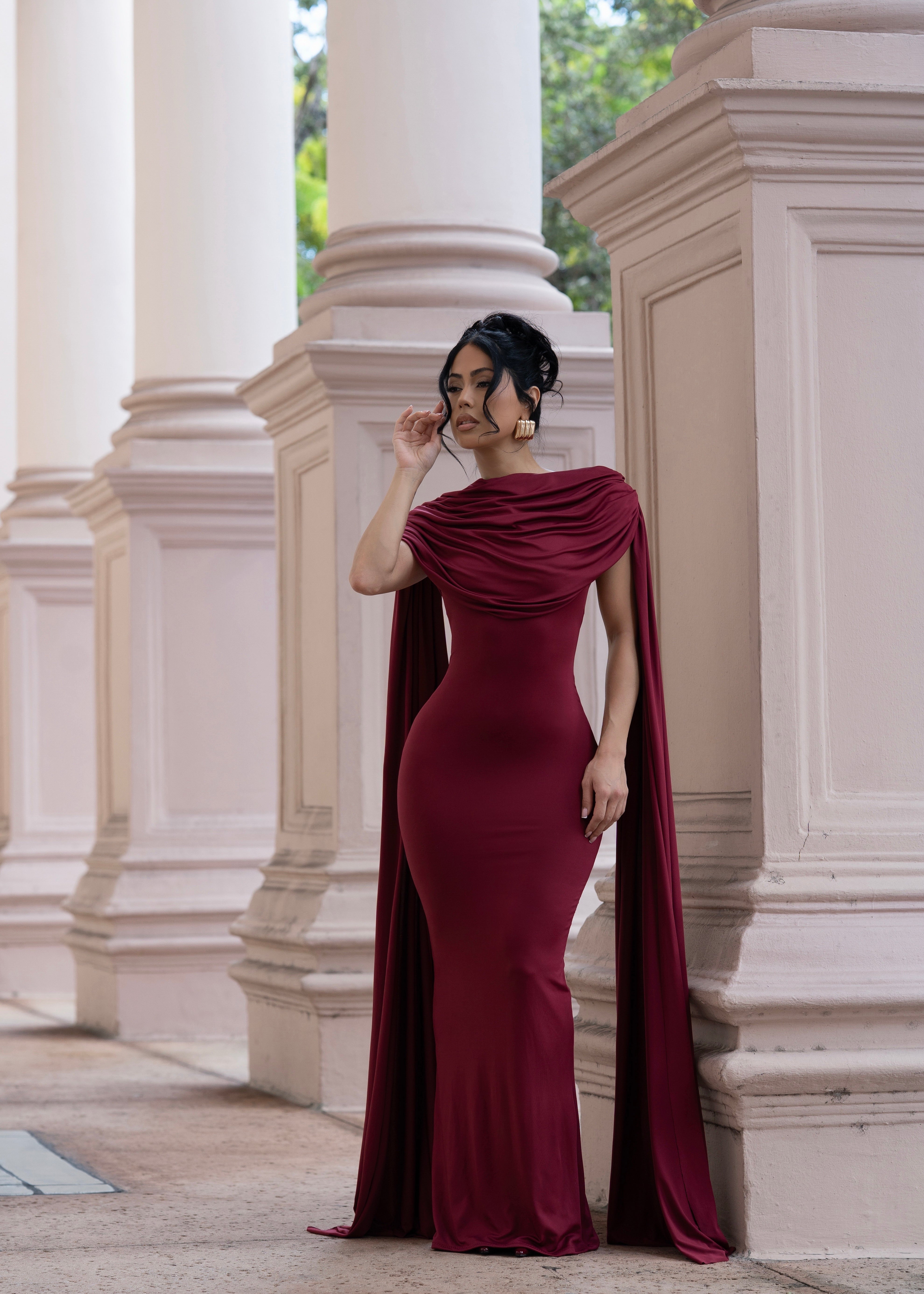 Celestial Reign Ruched Maxi Dress Red