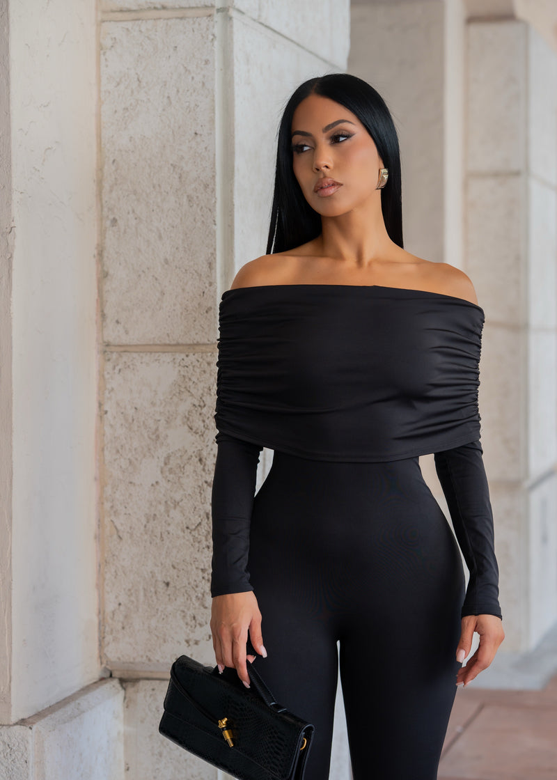The Sleek Edit Off Shoulder Capri Jumpsuit Black