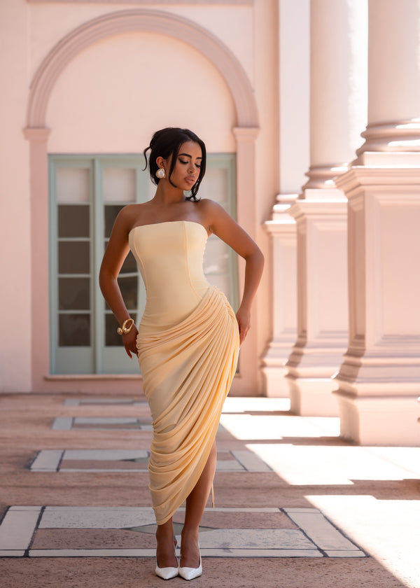 Luxe Contour Draped Midi Dress Yellow