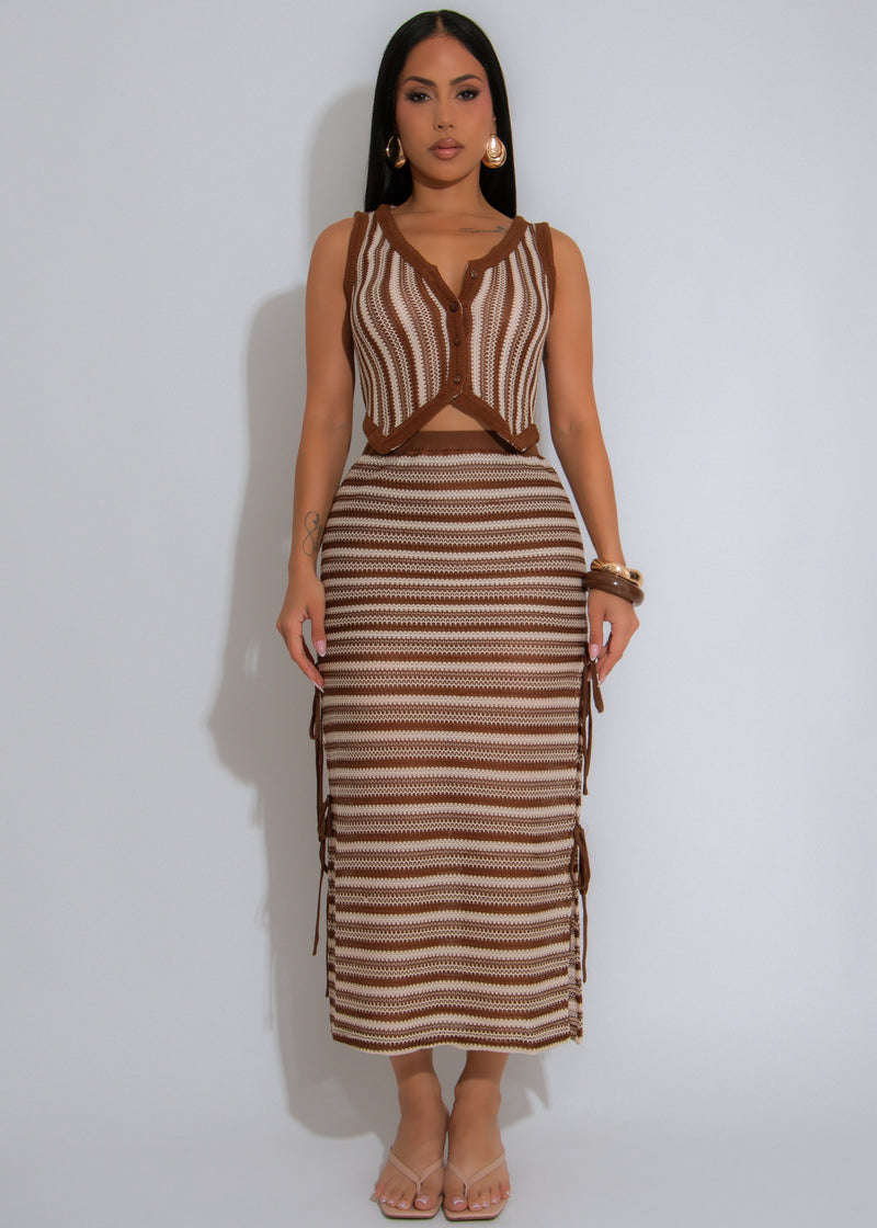 The Cabana Crush Knit Stripes Skirt Set Brown